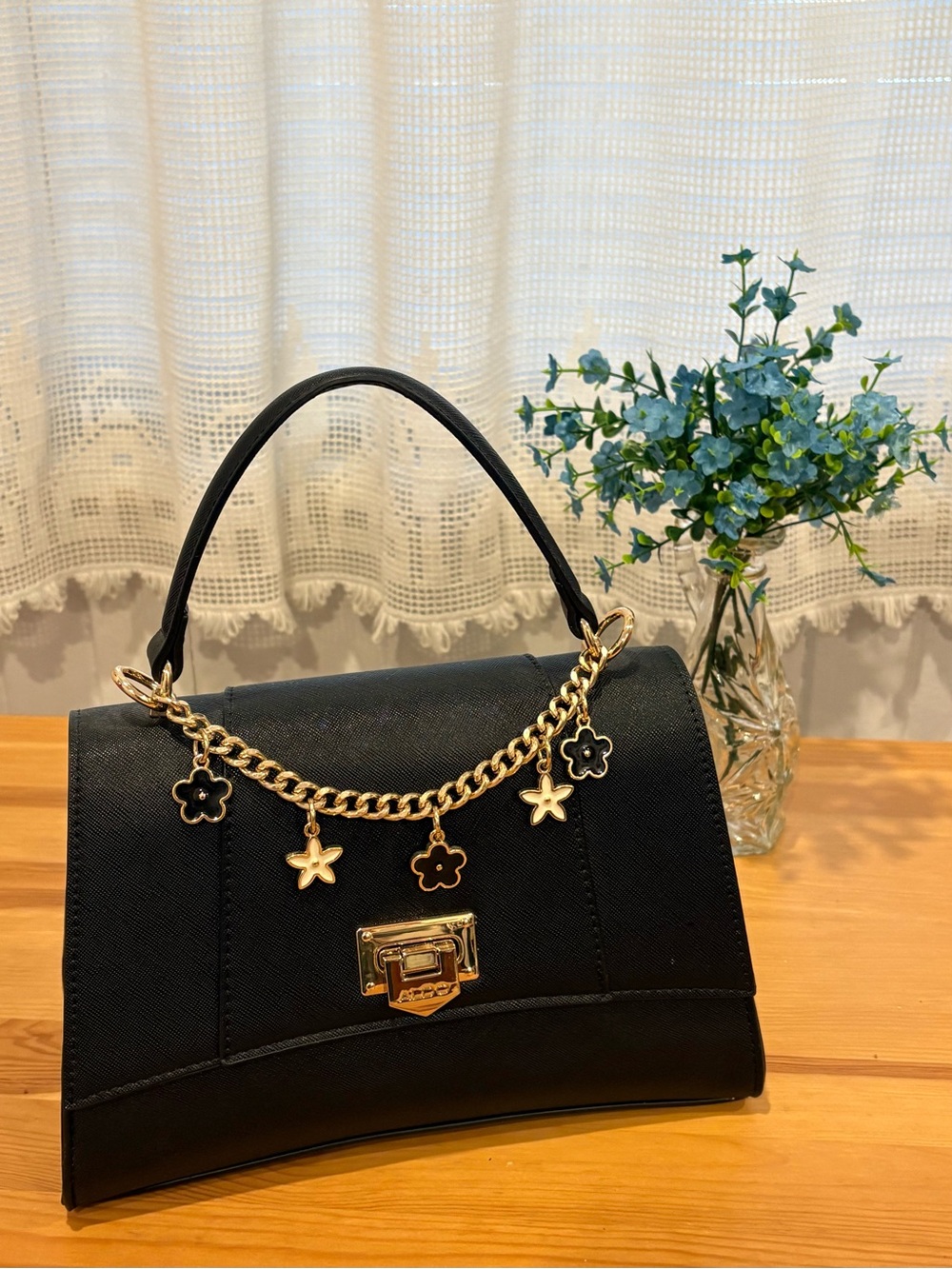Aldo Black Purse with Gold Flower Charm Chain